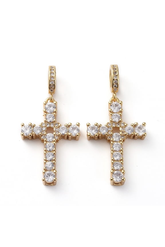 5 pc Brass Micro Pave Clear Cubic Zirconia Pendants Long-Lasting Plated Cross Golden 32.5mm Hole: 5mm Cross: 24x16x4mm