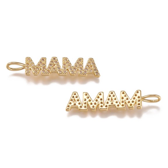 5 pc Brass Micro Pave Clear Cubic Zirconia Pendants Long-Lasting Plated for Mother's Day Word Mama Golden 30x7x1.7mm Hole: 4.5x3mm.