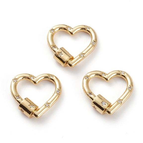 5 pc Brass Micro Pave Clear Cubic Zirconia Screw Carabiner Lock Quick Links Heart with Star Golden 21x22x6mm
