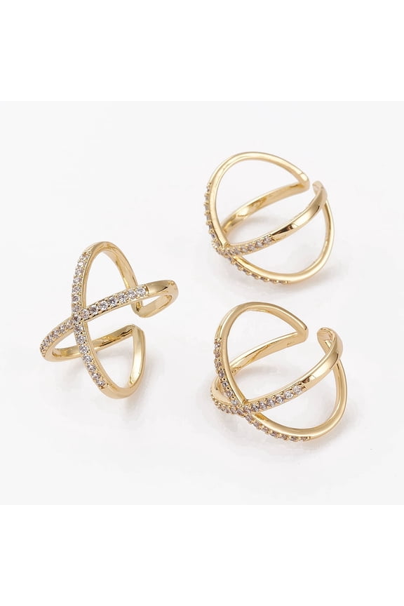 5 pc Brass Micro Pave Cubic Zirconia Cuff Rings Open Rings Criss Cross Rings Double Rings X Rings Long-Lasting Plated Golden Clear US Size 7 1/4(17.5mm)