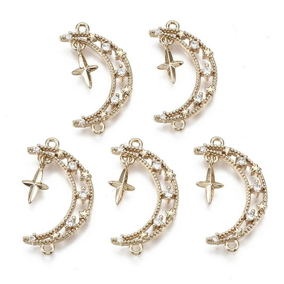 5 pc Brass Micro Pave Cubic Zirconia Links Connectors Long-Lasting Plated Moon & Star Light Gold Clear 25x14x3mm Hole: 1.2mm