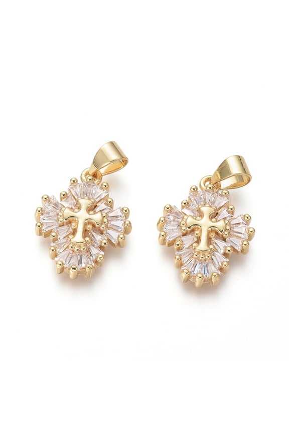 5 pc Brass Micro Pave Cubic Zirconia Pendants Cross Clear Golden 18x14x3.5mm Hole: 3x4.5mm