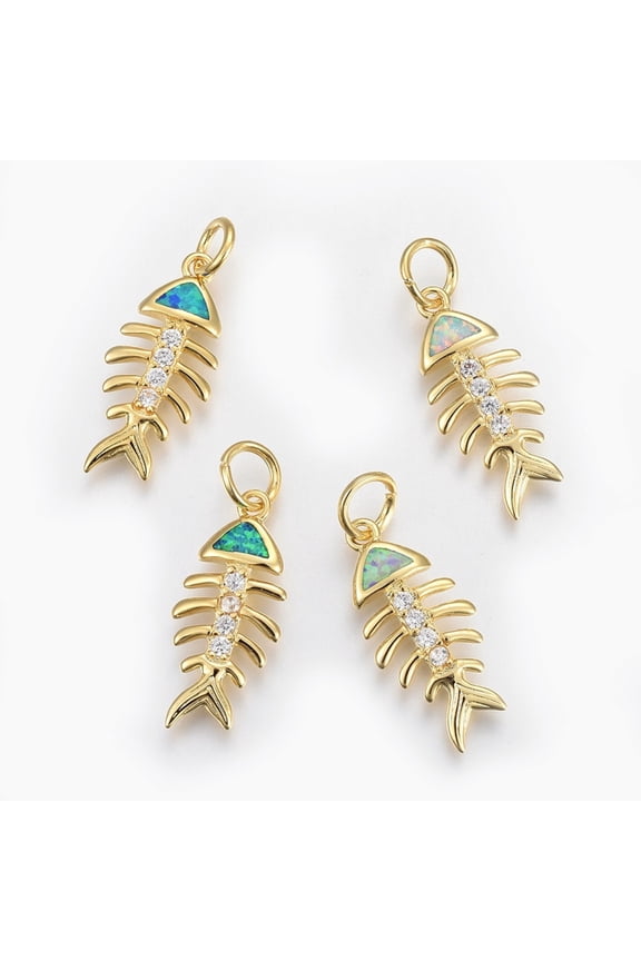 5 pc Brass Micro Pave Cubic Zirconia Pendants with Opal Fishbone Mixed color 27mm Hole: 4~4.5mm