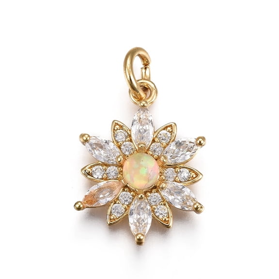 5 pc Brass Micro Pave Cubic Zirconia Pendants with Opal Flower Golden Mixed color 23mm Hole: 3.5~4mm
