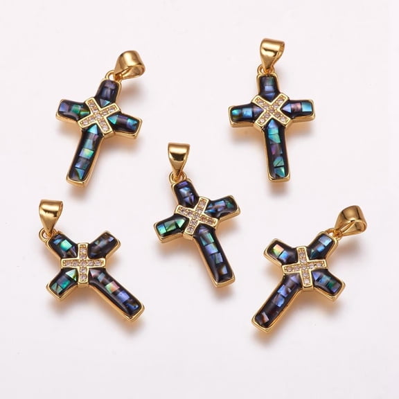 5 pc Brass Micro Pave Cubic Zirconia Pendants with Paua Shell/Abalone Shell Cross Golden 21.5x14x2mm Hole: 3.5x4.5mm