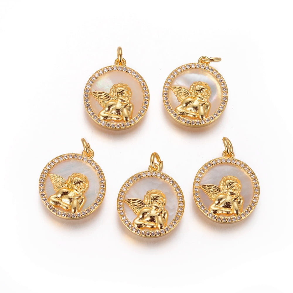 5-Pack Brass Devil's Eye Pendants With Cubic Zirconia - Gold Plated, 17mm Flat Round Charms For Necklace, Earring & Jewelry Making