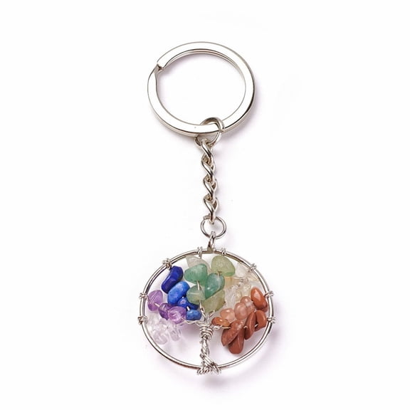 5 pc Chakra Jewelry Natural & Mixed Stone Keychain with Brass Findings and Iron Ring Flat Round with Tree Platinum 84mm Pendant: 34x30x6mm Mixed Stone