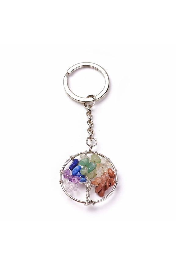 5 pc Chakra Jewelry Natural & Mixed Stone Keychain with Brass Findings and Iron Ring Flat Round with Tree Platinum 84mm Pendant: 34x30x6mm Mixed Stone