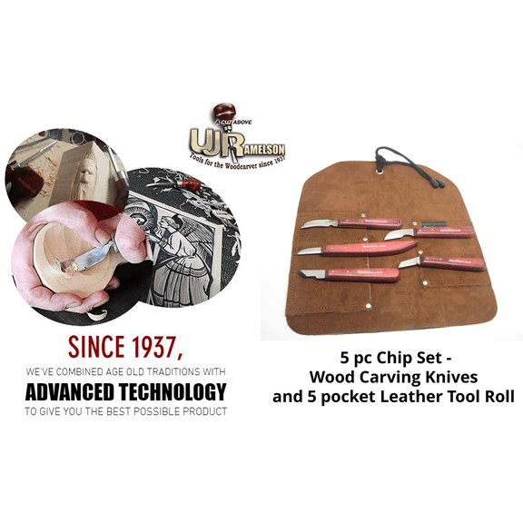 5 pc Chip Set - Wood Carving Knives and 5 pocket Leather Tool Roll - Woodcarving, Whittling, Decoy, DIY Crafts