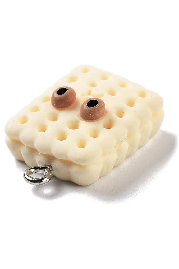5 pc Cookies Theme Imitation Food Resin Pendants Funny Eye Rectangle Charms with Platinum Plated Iron Loops Beige 23.5x16.5x7mm Hole: 2mm