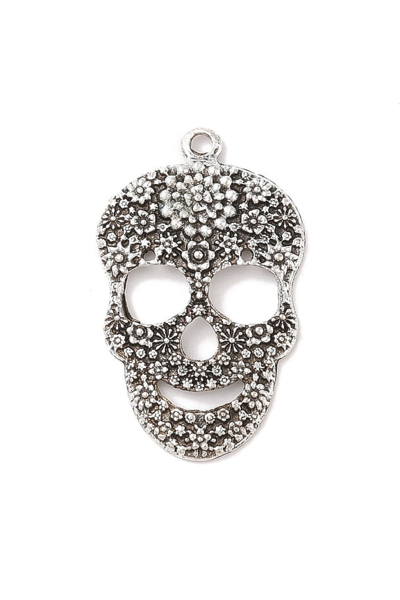 5 pc Day of the Dead Ornaments Tibetan style Sugar Skull Pendants Cadmium Free Nickel Free Lead Free for Antique Silver 49x31x5mm