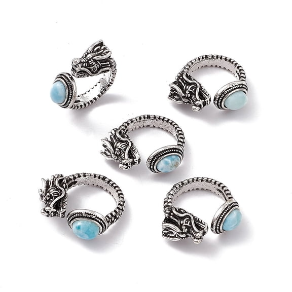 5 pc Dragon Head Natural Larimar Cuff Rings Antique Silver Tone Brass Open Rings for Women 5mm Inner Diameter: US Size 8 1/4(18.3mm)