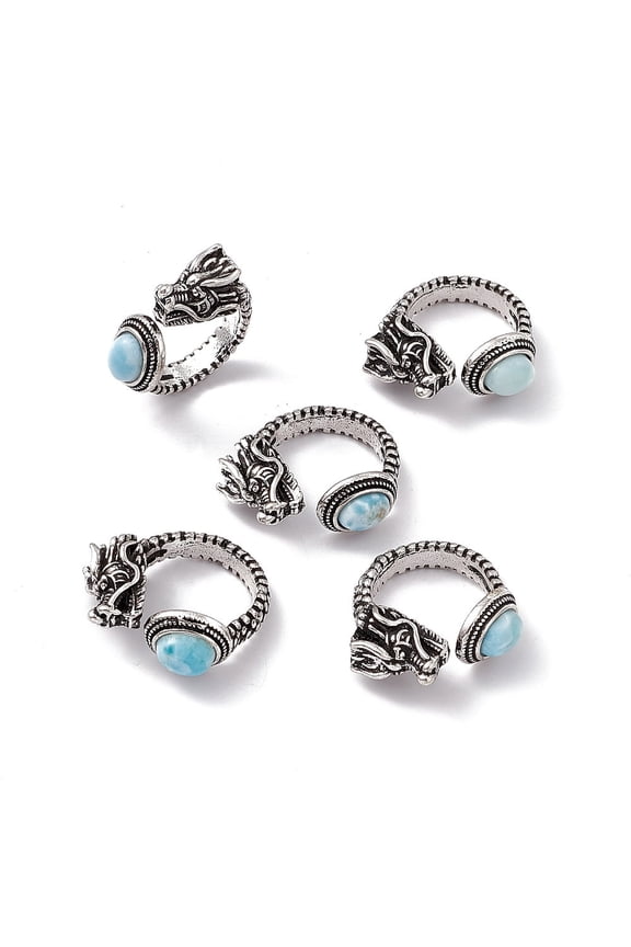 5 pc Dragon Head Natural Larimar Cuff Rings Antique Silver Tone Brass Open Rings for Women 5mm Inner Diameter: US Size 8 1/4(18.3mm)
