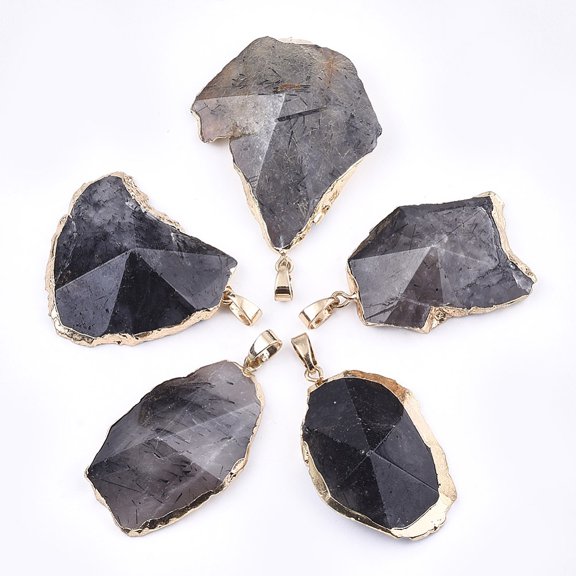 5 pc Electroplate Natural Tourmalinated Quartz/Black Rutilated Quartz Pendants with Brass Iron Findings Faceted Nugget Golden 30~76x20~45x10~15mm Hole: 4.5x8mm