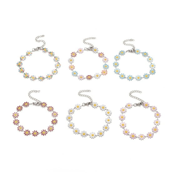5 pc Enamel Daisy Link Chains Bracelet 304 Stainless Steel Jewelry for Women Stainless Steel color Mixed color 7-1/4 inch(18.4cm)