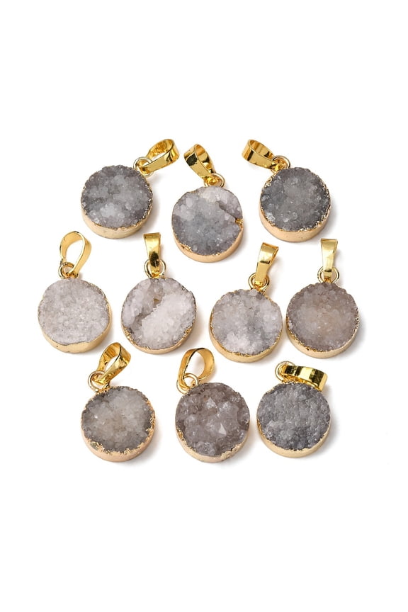 5 pc Flat Round Dyed Natural Druzy Agate Pendants Druzy Trimmed Stone with Golden Plated Brass Findings Wheat 17x14x8~11mm Hole: 5x8mm