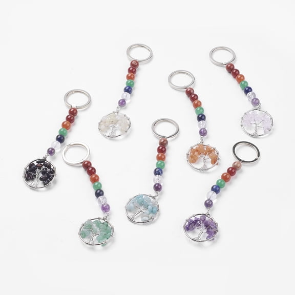 5 pc Gemstone Chakra Keychain with Alloy Key Rings and Brass Pendants Ring with Tree of Life Platinum 123mm