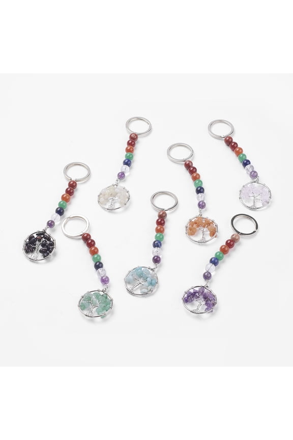 5 pc Gemstone Chakra Keychain with Alloy Key Rings and Brass Pendants Ring with Tree of Life Platinum 123mm