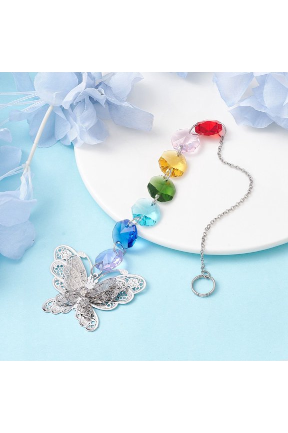 5 pc Glass Octagon Beaded Hanging Ornaments Brass Charm for Home Outdoor Decoration Butterfly 265mm