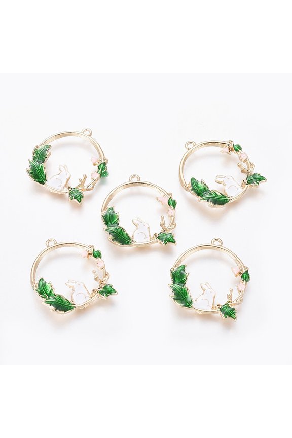 5 pc Golden Plated Alloy Enamel Bunny Pendants Ring with Rabbit Colorful 25x22x3mm Hole: 1.5mm Alloy+Enamel