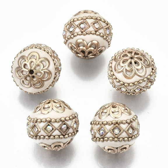 5 pc Handmade Indonesia Beads with Crystal AB Rhinestone and Golden Tone Brass Findings Round Old Lace 19~20x19~21mm Hole: 1.2~1.5mm