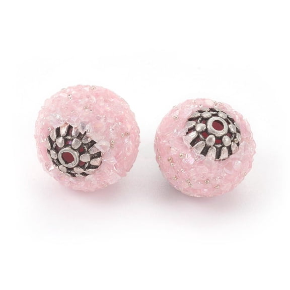 5 pc Handmade Indonesia Beads with Metal Findings Glass Round Antique Silver Pink 15~15.5x14~15mm Hole: 1.4mm