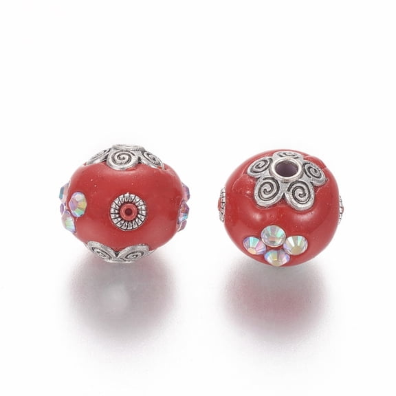 5 pc Handmade Indonesia Rhinestone Beads with Metal Findings Round Antique Silver Red 15~15.5x14~15mm Hole: 2.2mm