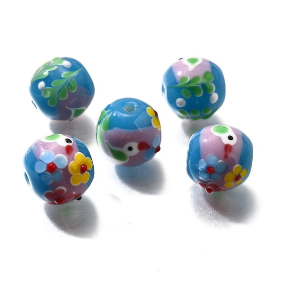 5 pc Handmade Lampwork Beads Round with Bird & Flower Deep Sky Blue 16~16.5x15.5~16mm Hole: 2.5~2.6mm