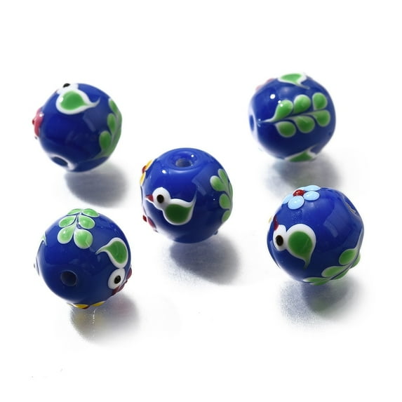 5 pc Handmade Lampwork Beads Round with Bird Flower Royal Blue 16~16.5x15.5~16mm Hole: 2.5~2.6mm