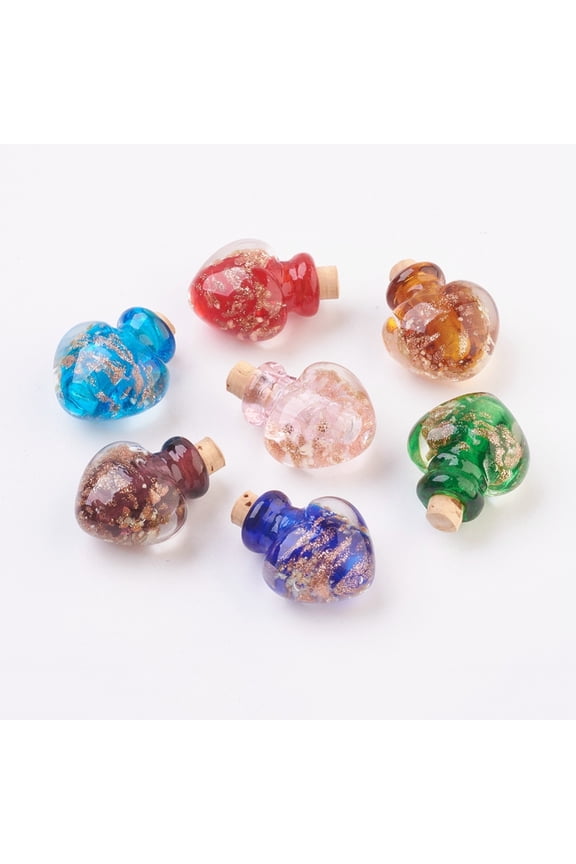 5 pc Handmade Luminous Lampwork Perfume Bottle Pendants Essential Oil Bottle with golden Sand Heart Mixed color 25~26.5mm Hole: 5mm Bottle Capacity: 0.5~1ml(0.017~0.03 fl. oz)