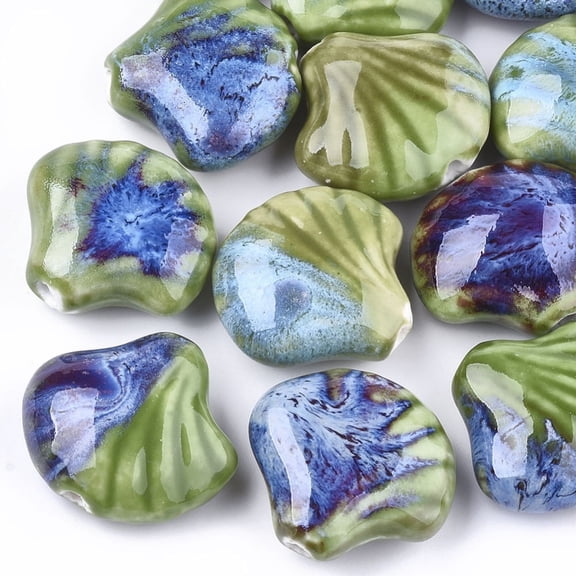 5 pc Handmade Porcelain Beads Fancy Antique Glazed Porcelain Shell Green 28~29x32~33x12.5~14mm Hole: 3~3.5mm