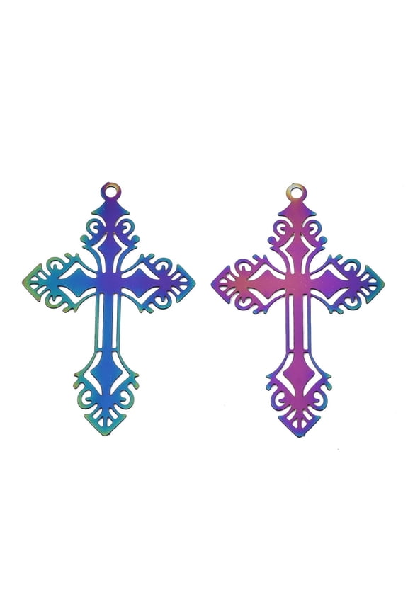 5 pc Ion Plating(IP) 201 Stainless Steel Filigree Pendants Etched Metal Embellishments Cross Rainbow color 40x25x0.3mm Hole: 1.6mm