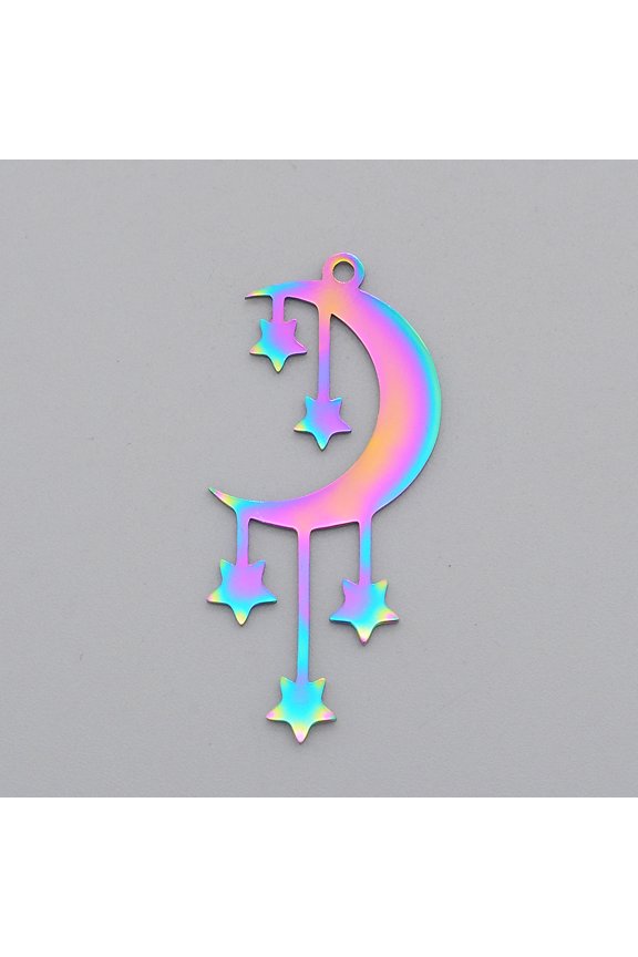 5 pc Ion Plating(IP) 201 Stainless Steel Pendants Laser Cut Moon with Star Rainbow Color 41.5x18x1mm Hole: 1.8mm