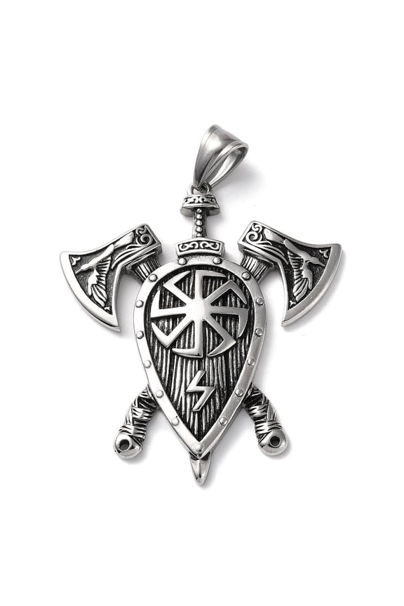 5 pc Ion Plating(IP) 304 Stainless Steel Big Pendants Shield with Double Ax Charm Antique Silver 50x43.5x4.8mm Hole: 4.8x7.8mm