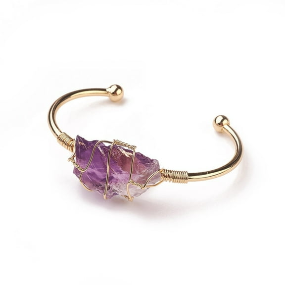 5 pc Long-Lasting Plated Brass Cuff Bangles with Natural Amethyst Nuggets Golden 1-3/8 inchx2-3/8 inch(3.8x6cm) 2.8mm