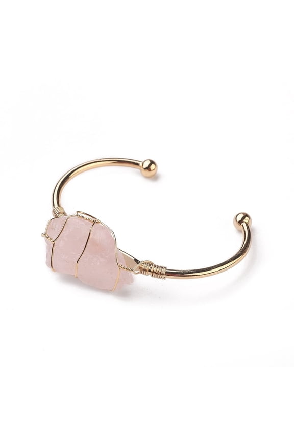 5 pc Long-Lasting Plated Brass Cuff Bangles with Natural Rose Quartz Nuggets Golden 1-3/8 inchx2-3/8 inch(3.8x6cm) 2.8mm