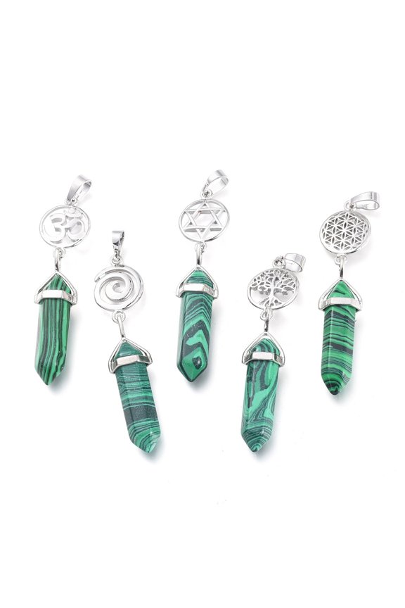 5 pc Malachite Pointed Big Pendants Double Terminated Pointed with Platinum Plated Brass Findings Faceted Bullet 59~67x14~15mm Hole: 7x5mm Gemstone: 41~44x8mm