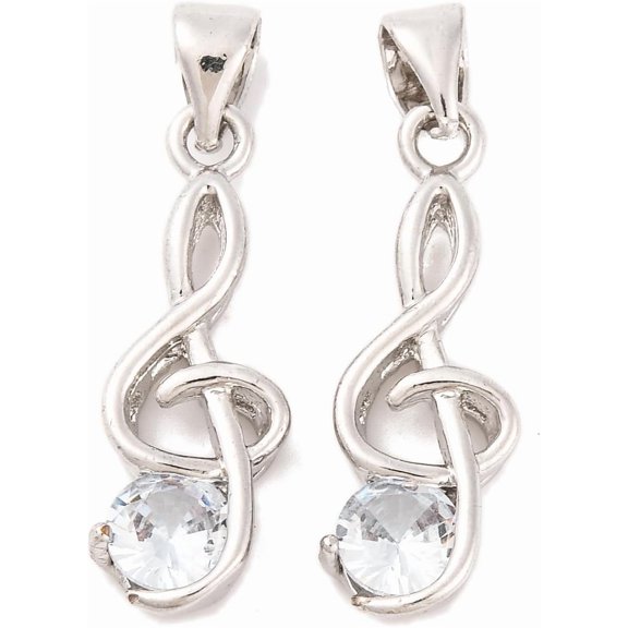 5 pc Musical Note Real Platinum Plated Brass Cubic Zirconia Pendants Cadmium Free & Nickel Free & Lead Free 21.5x8x3.5mm Hole: 4x3.5mm