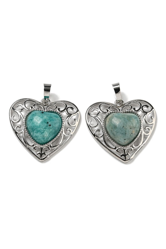 5 pc Natural Amazonite Peach Love Heart Pendants Rack Plating Brass Hollow Heart Charms Cadmium Free & Lead Free 29.5x30.5x7.5mm Hole: 7.5x5mm