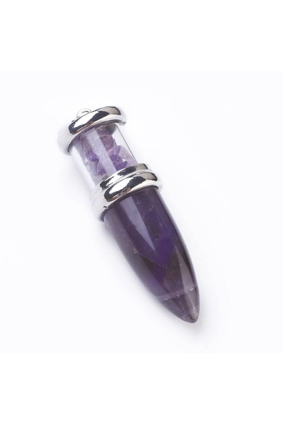 5 pc Natural Amethyst Big Pointed Pendants with Platinum Tone Brass Findings Bullet 50~53x16~17mm Hole: 5x7~8mm