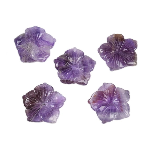 5 pc Natural Amethyst Carved Pendants Flower Charms 28.5x29.5x5mm Hole: 1.2mm