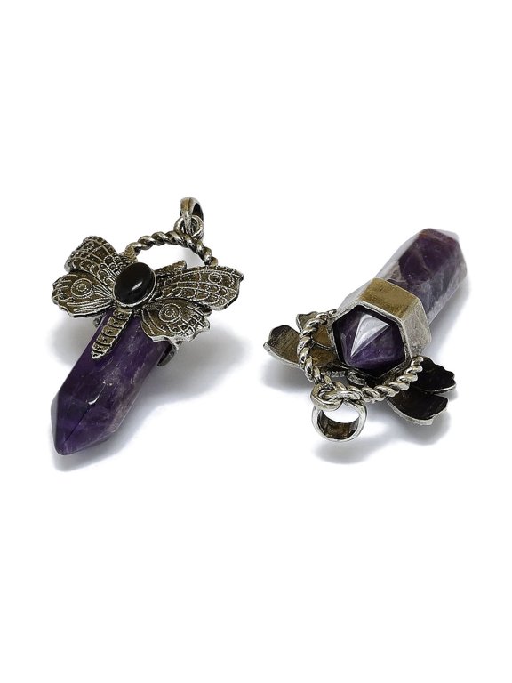 5 pc Natural Amethyst Faceted Pointed Big Pendants Rack Plating Silver Plated Alloy Butterfly Charms Cadmium Free & Lead Free 54x33.5x18.5~19mm Hole: 6.5x7.5mm