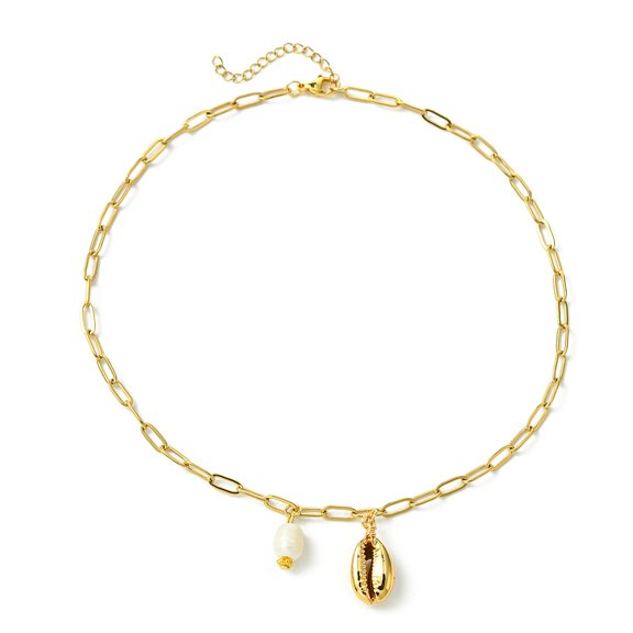5 pc Natural Cultured Freshwater Pearl Necklaces Ion Plating(IP) 304 Stainless Steel Cable Chains and Shell Beads Oval Real 18K golden Plated 16.14 inch(41cm)