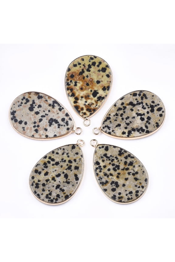 5 pc Natural Dalmatian Jasper Pendants with Brass Findings teardrop Golden 39x25x3mm Hole: 2mm Dalmatian Jasper
