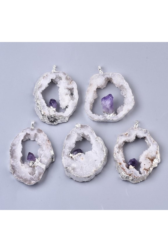 5 pc Natural Druzy Agate Big Pendants Edge Platinum Plated with Natural Amethyst and Iron Snap on Bails Nuggets 37~71x29~55x9~15mm Hole: 4x6mm