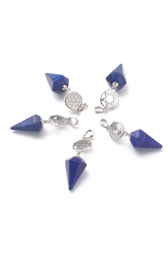 5 pc Natural Dyed Lazuli Pendants with Platinum Brass Snap on Bails Votex/Om Symbol/Tree of Life/Flower of Life/Star of David Cone Pendulum 48mm Hole: 8mm