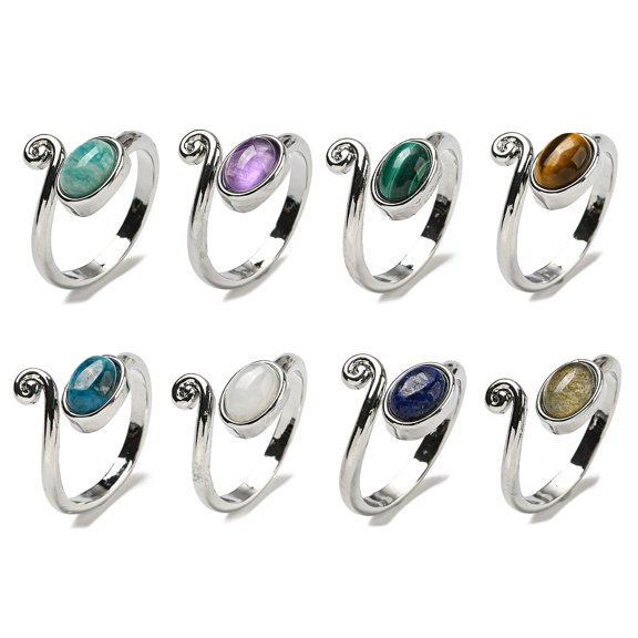 5 pc Natural Gemstone Adjustable Rings with Platinum Brass Findings Long-Lasting Plated Jewely for Women Oval US Size 8(18.1mm)