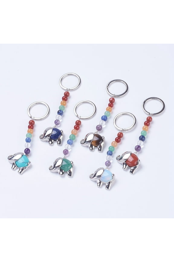 5 pc Natural/Gemstone Chakra Keychain with Mixed Stone and Platinum Plated Brass Key Findings Elephant 92mm Ring: 24x2mm Bead: 6~7mm Pendant: 23x26x7mm