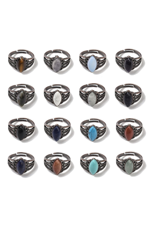 5 pc Natural Gemstone Horse Eye Adjustable Rings Lead Free & Cadmium Free Red Copper Plated Brass Finger Rings Inner Diameter: 19mm