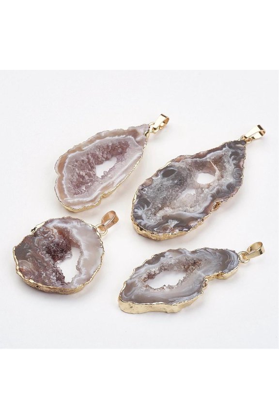 5 pc Natural Geode Agate Pendants with Brass Findings Nuggets Golden 38~65x18~40x5~6mm Hole: 5x7mm
